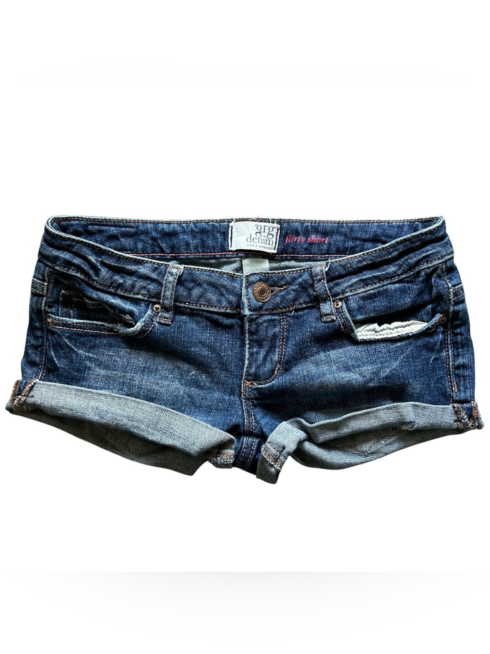 Y2K “Grg Denim” Medium Wash Low Rise Denim Mini Shorts